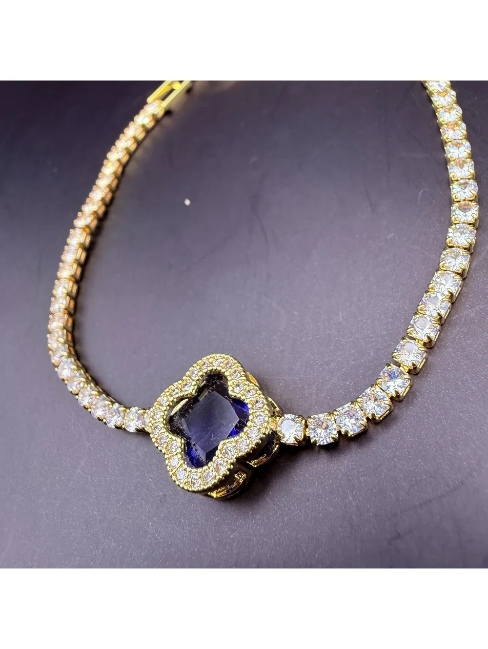 candy+clover navy blue clover crystal gold tone tennis bracelet